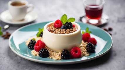 dessert panna cotta with blackberry berries and mint leaves.