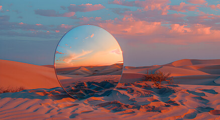Round mirror in the desert. Reflection of nature