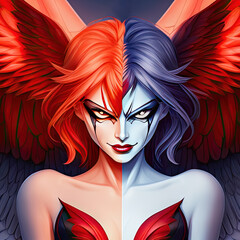 Female half-demon, half angel illustration