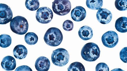A collection of blueberries placed closely together in a neat row on a white background
