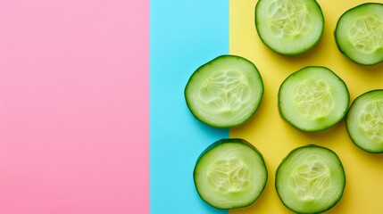 A bunch of cucumbers are cut into slices on a colorful background, AI
