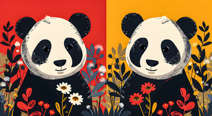 Fototapeta premium Bright minimal panda illustration in vector style. Simple colors and outlines.