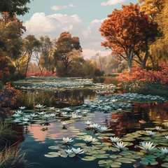 Fototapeten Landscape with pond and water lilies. Nature background. Vector illustration. © Soeren