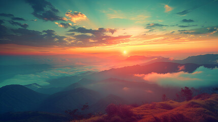 Fototapeta na wymiar panoramic view of colorful sunrise in mountains