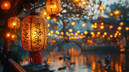 Lanterns hanging on the bridge in Chiang Mai, Thailand - Powered by Adobe