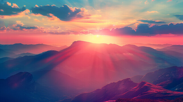 panoramic view of colorful sunrise in mountains