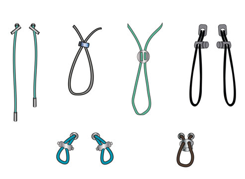 drawstring cord stopper flat sketch,vector illustration.Set of drawstring