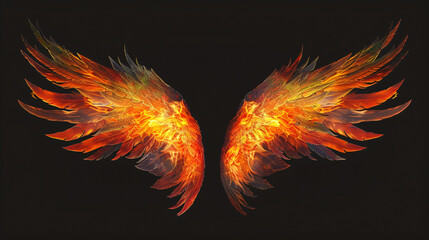 a pair of majestic wings, ablaze with the wild intensity of fire, set against a dark background  for creative design projects	