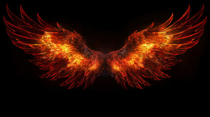a pair of majestic wings, ablaze with the wild intensity of fire, set against a dark background  for creative design projects	 - obrazy, fototapety, plakaty