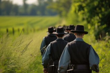 Quiet Contemplation: Group of Amish Men Walking Through Verdant Countryside Fields