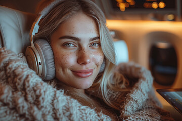 A freckled girl in thick clothes and wearing headphones is flying by plane