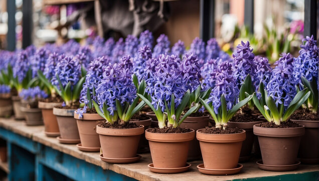 Many blue violet flowering hyacinths in pots