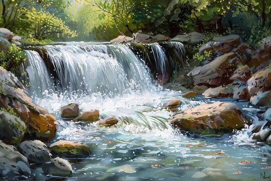 Landscape Painting of Waterfall and Fish in Spring, Panoramic Summer Scene