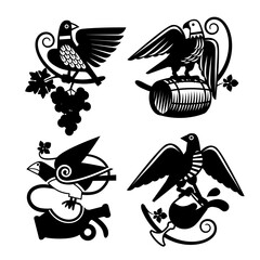 Set of black and white decorative icons and emblems with birds and wine making symbols in vintage engraving style isolated on white. Vector illustration
