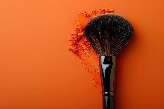Makeup brush on Orange background centered professional photo copy space. Concept Makeup Brush, Orange Background, Centered, Professional Photo, Copy Space