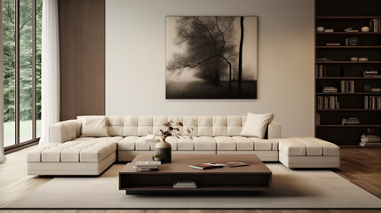Modern living room interior with large sectional sofa, coffee table, books, and plants.