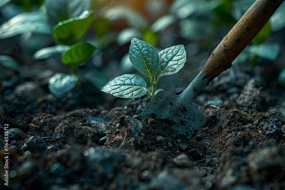 Wall mural a garden hoe breaking ground for a new planting season, signifying the commencement of fresh growth 