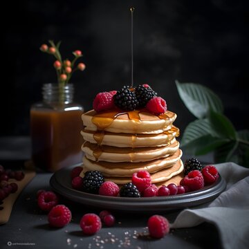 American pancakes with syrup and berries on a dark background