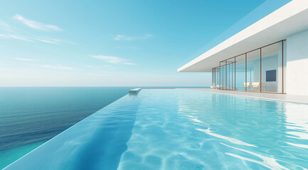 A modern luxury home's infinity pool merges seamlessly with the azure sea