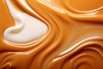 smooth texture of liquid melted caramel and milk cream, poured onto the surface - obrazy, fototapety, plakaty