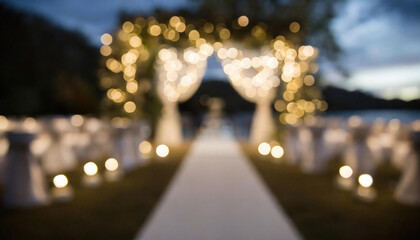 A blurred focus empty wedding venue with bokeh lighting and white decorations - 764334187