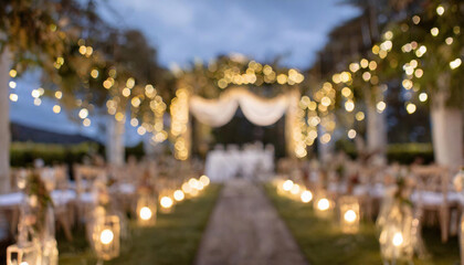 A blurred focus empty wedding venue with bokeh lighting and white decorations - 764334198