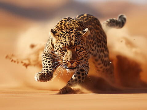 a leopard in mid-stride, with a focused gaze, against the backdrop of a desert at high speed