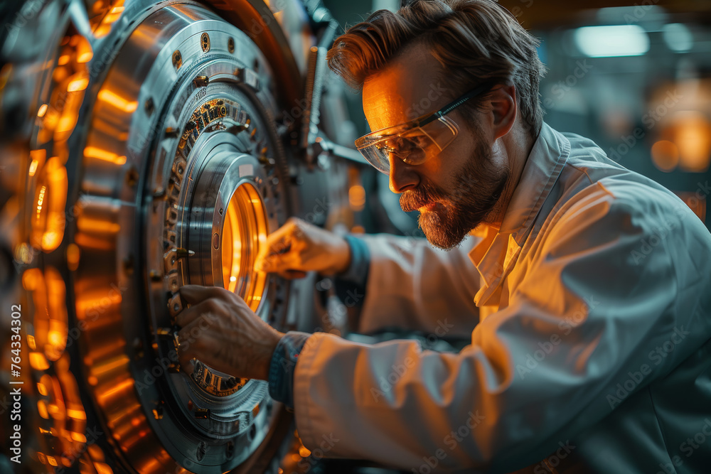 Poster a scientist adjusting the parameters of a particle accelerator, unlocking the secrets of particle ph
