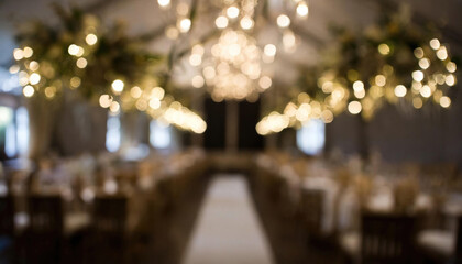 A blurred focus empty wedding venue with bokeh lighting and white decorations