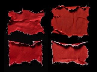 ai generated macro photo of red sticker set isolated on black background. four sticker with torn edges.
