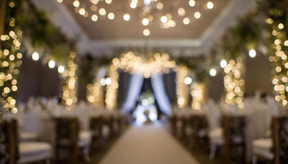 A blurred focus empty wedding venue with bokeh lighting and white decorations