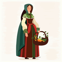 Medieval peasant woman with basket in hand a vector