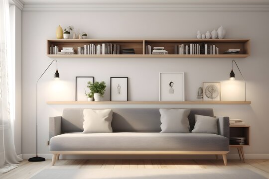 Scandinavian living room interior in light colors with a gray sofa, pillows and book shelf. House apartment design in a minimalist style