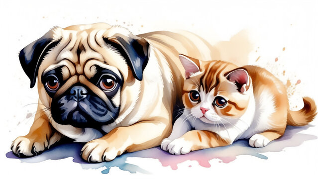 Cute pug puppy and tabby kitten resting side by side on a white background. AI generated.