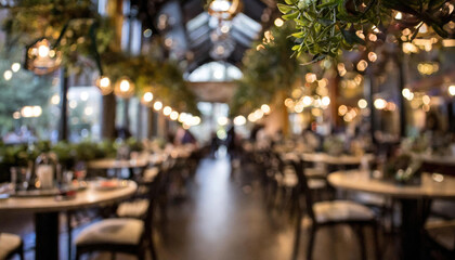 A blurred focus restaurant interior with bokeh lighting - 764334534