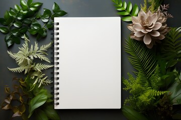 Spiral blank notebook mockup on a green background with flowers. Template for design, top view