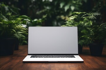 Laptop blank screen mockup and flower in a pot on a green background, Front view