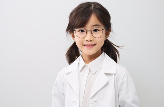 a girl wearing glasses and a white coat
