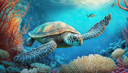 Fototapeta premium Sea big turtle swimming in blue sea water.
