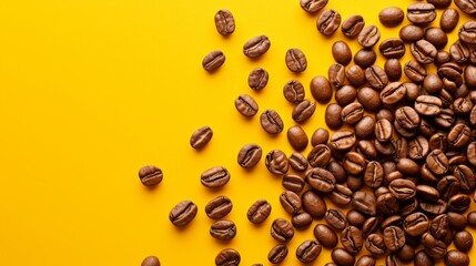 This vibrant image showcases a scattering of aromatic coffee beans on a striking yellow backdrop, creating a sense of rejuvenation and tranquility within a contemporary cafe setting. - obrazy, fototapety, plakaty