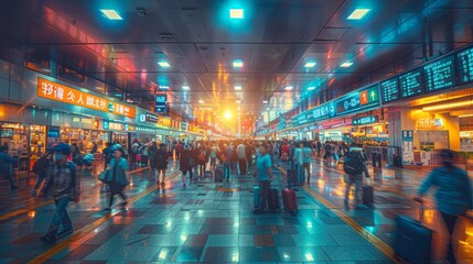 A crowd of people walking through a city airport terminal at night - obrazy, fototapety, plakaty