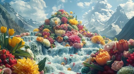 Fusion of Flavors and Landscapes: A Surreal of Exotic Cuisine and Majestic Peaks - obrazy, fototapety, plakaty