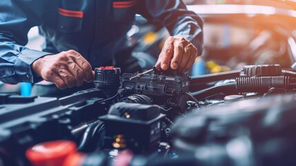 Checking a car battery level, underlining regular vehicle maintenance and the importance of a reliable power source - obrazy, fototapety, plakaty