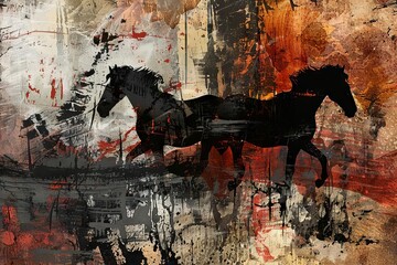 Modern abstract painting with metal elements, textured background, horses, animals, digital illustration