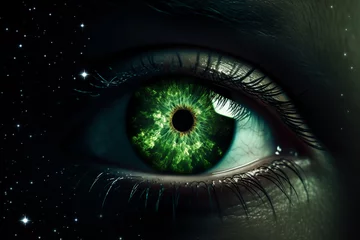 Foto op Plexiglas anti-reflex eye iris with a reflection of nature, trees and sky, futuristic artwork, macro, close up, green, environmental protection © zgurski1980
