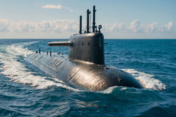 A large submarine is in the water. A military modern black submarine sails on a combat mission in the open ocean on a sunny summer day - obrazy, fototapety, plakaty