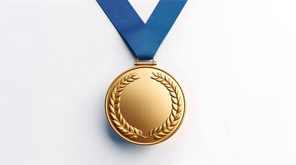 Gold medal with blue ribbon isolated on white background.
