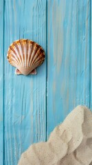 A delicate scallop shell on a blue wooden background, creating an enchanting visual harmony. A rustic wood texture with shell in top view.
