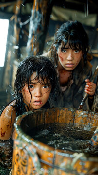 Couple of kids standing next to each other in front of barrel.