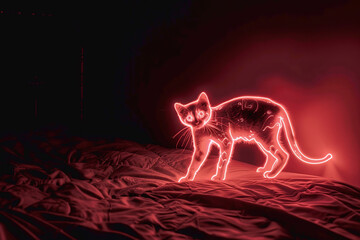 Fototapeta premium neon pink light drawing of the cat, glowing outline of cartoon figure, red energy lines, fantasy style, magical realism
